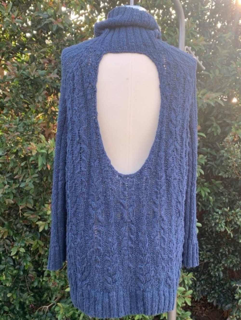 Free People Cable Open Back Cowl Neck Sweater Blue Boho Oversized XS
